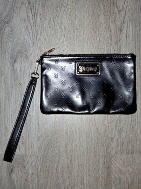 Playboy Bunny Logo Gold and Black Faux Leather Makeup Bag Zipper Pouch Wristlet